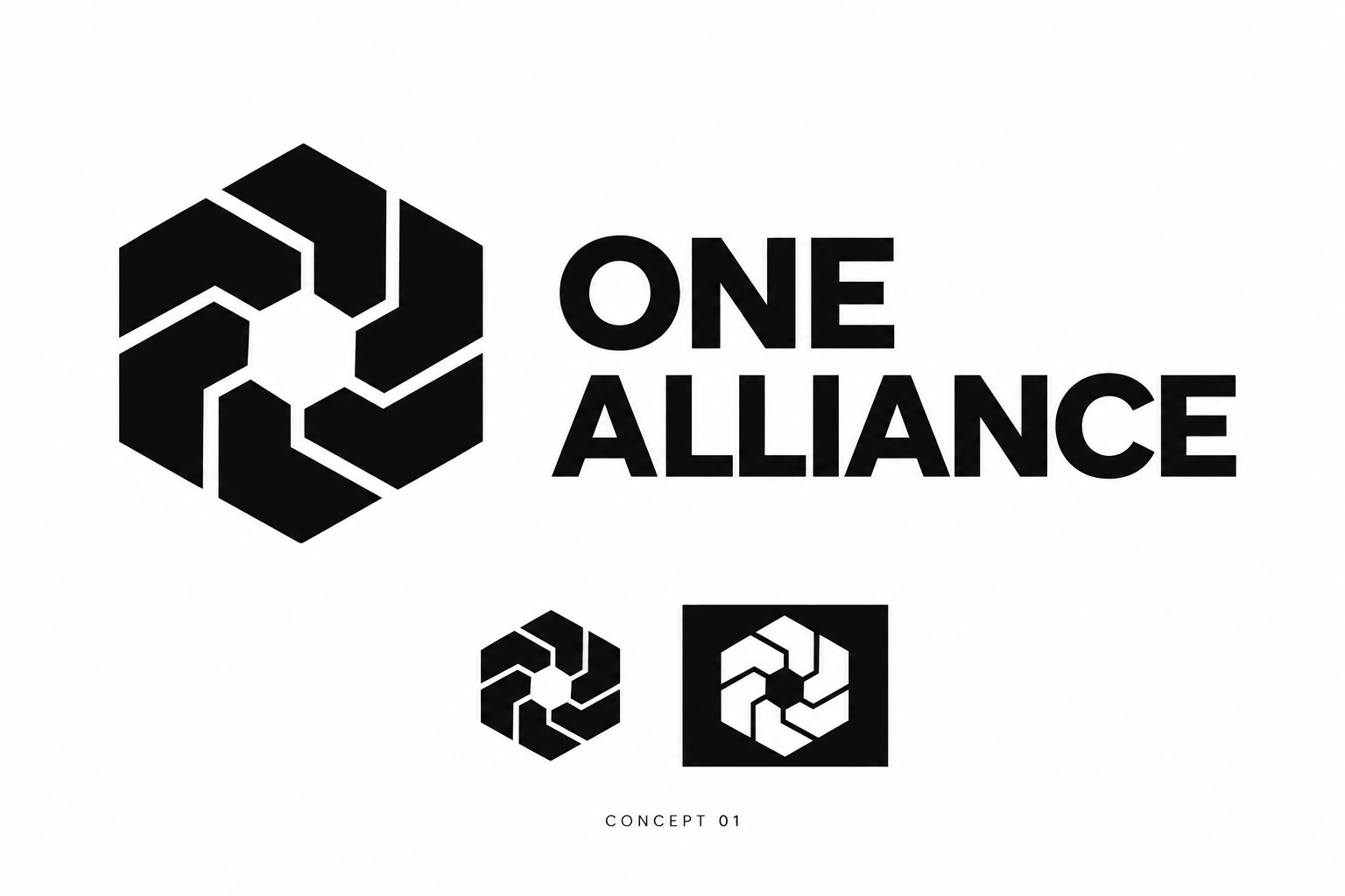 6つの黒い部材が六角形を構成するシンボルと、ONE ALLIANCEの文字組み。小サイズと白抜きの表示例。